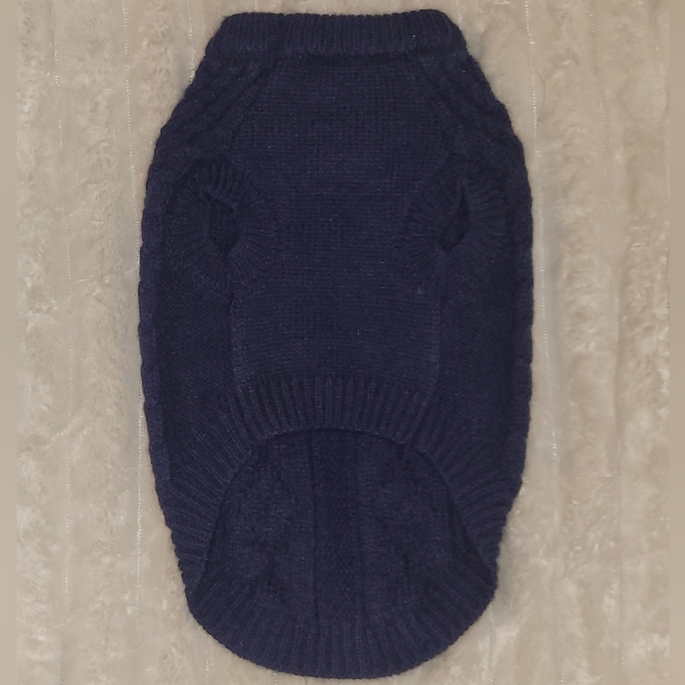 Navy Blue Cable Knit Dog Sweater With Faux Lender Straps And Brown Buttons, Med - Picture 4 of 5